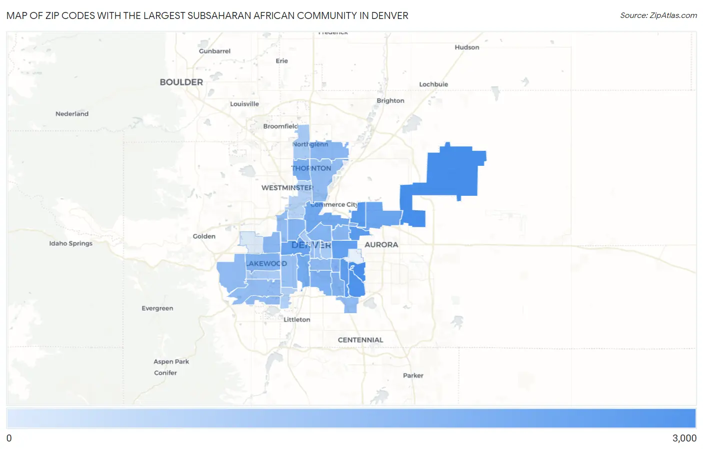 Zip Codes with the Largest Subsaharan African Community in Denver Map