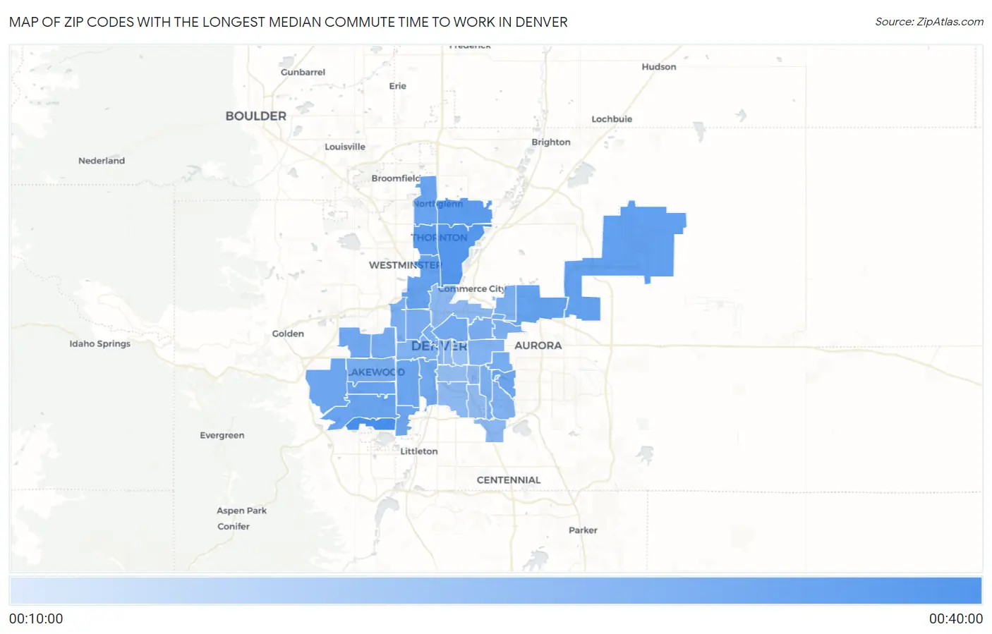 Zip Codes with the Longest Median Commute Time to Work in Denver Map