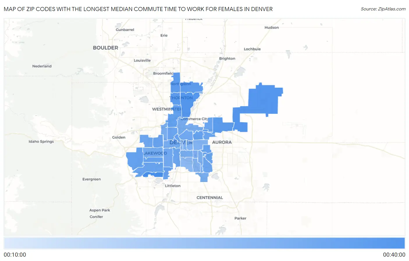 Zip Codes with the Longest Median Commute Time to Work for Females in Denver Map