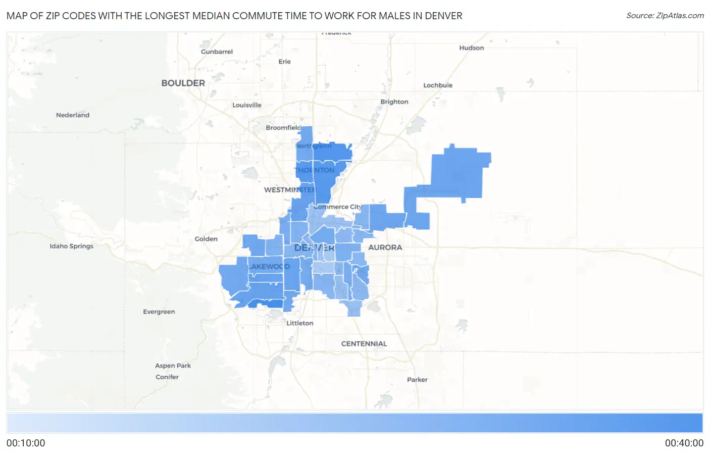 Zip Codes with the Longest Median Commute Time to Work for Males in Denver Map