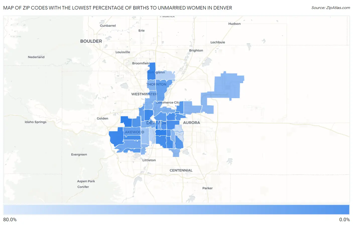 Zip Codes with the Lowest Percentage of Births to Unmarried Women in Denver Map