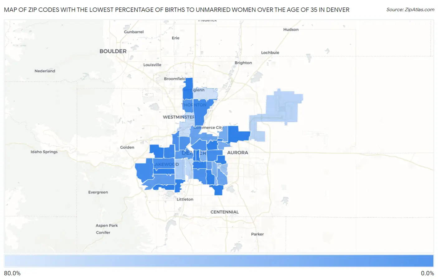 Zip Codes with the Lowest Percentage of Births to Unmarried Women over the Age of 35 in Denver Map