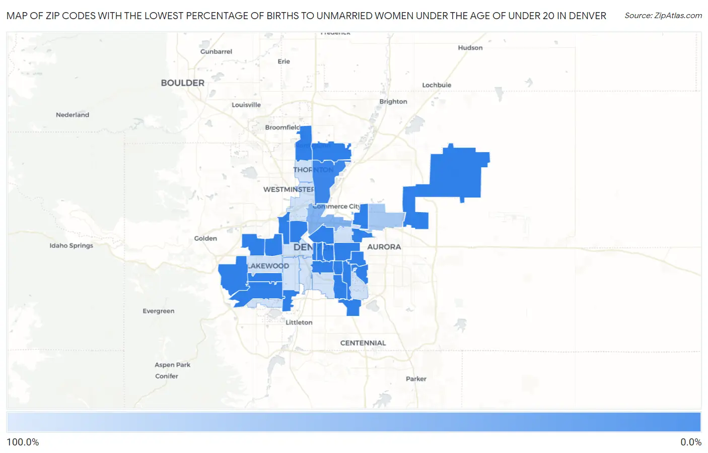 Zip Codes with the Lowest Percentage of Births to Unmarried Women under the Age of under 20 in Denver Map