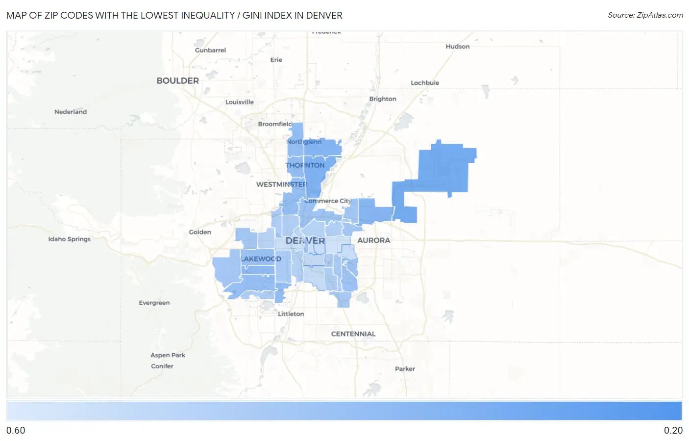 Zip Codes with the Lowest Inequality / Gini Index in Denver Map
