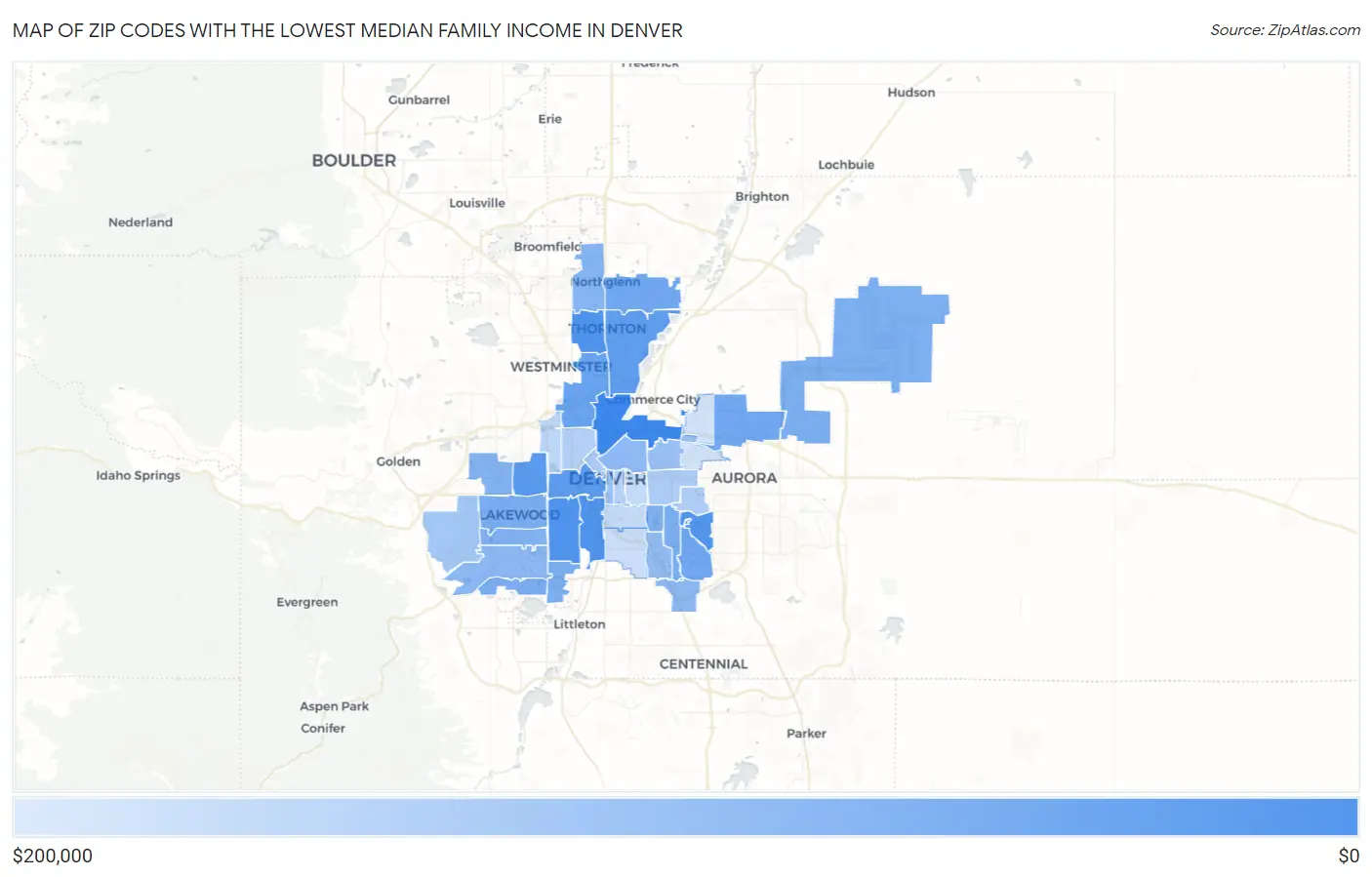 Zip Codes with the Lowest Median Family Income in Denver Map