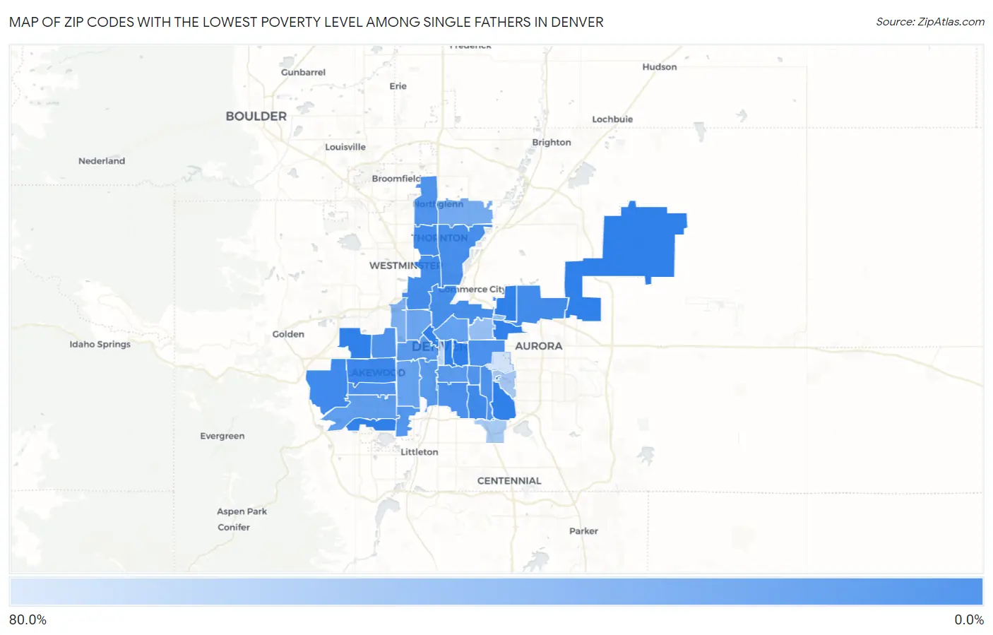 Zip Codes with the Lowest Poverty Level Among Single Fathers in Denver Map