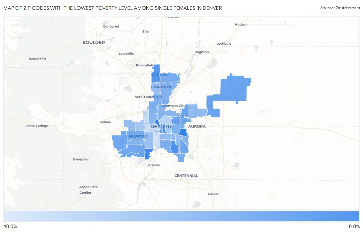 Zip Codes with the Lowest Poverty Level Among Single Females in Denver Map