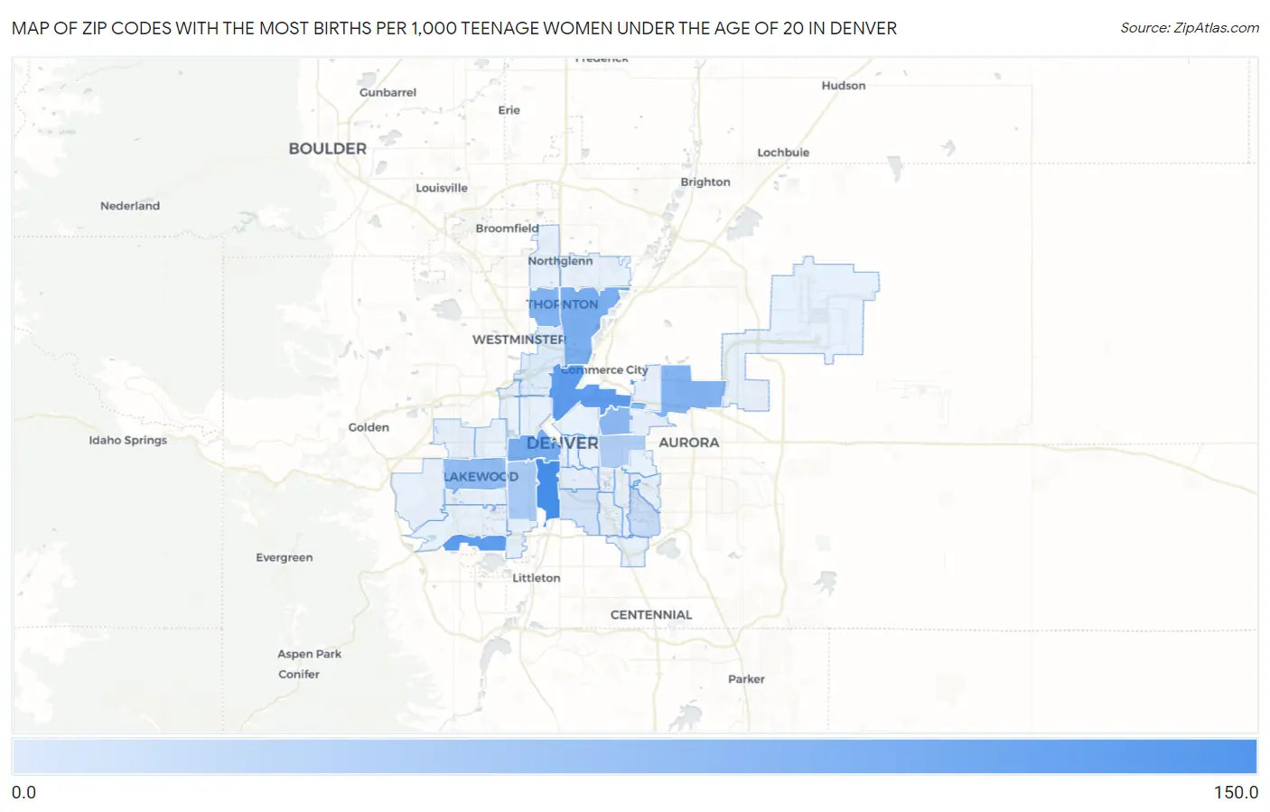 Zip Codes with the Most Births per 1,000 Teenage Women Under the Age of 20 in Denver Map