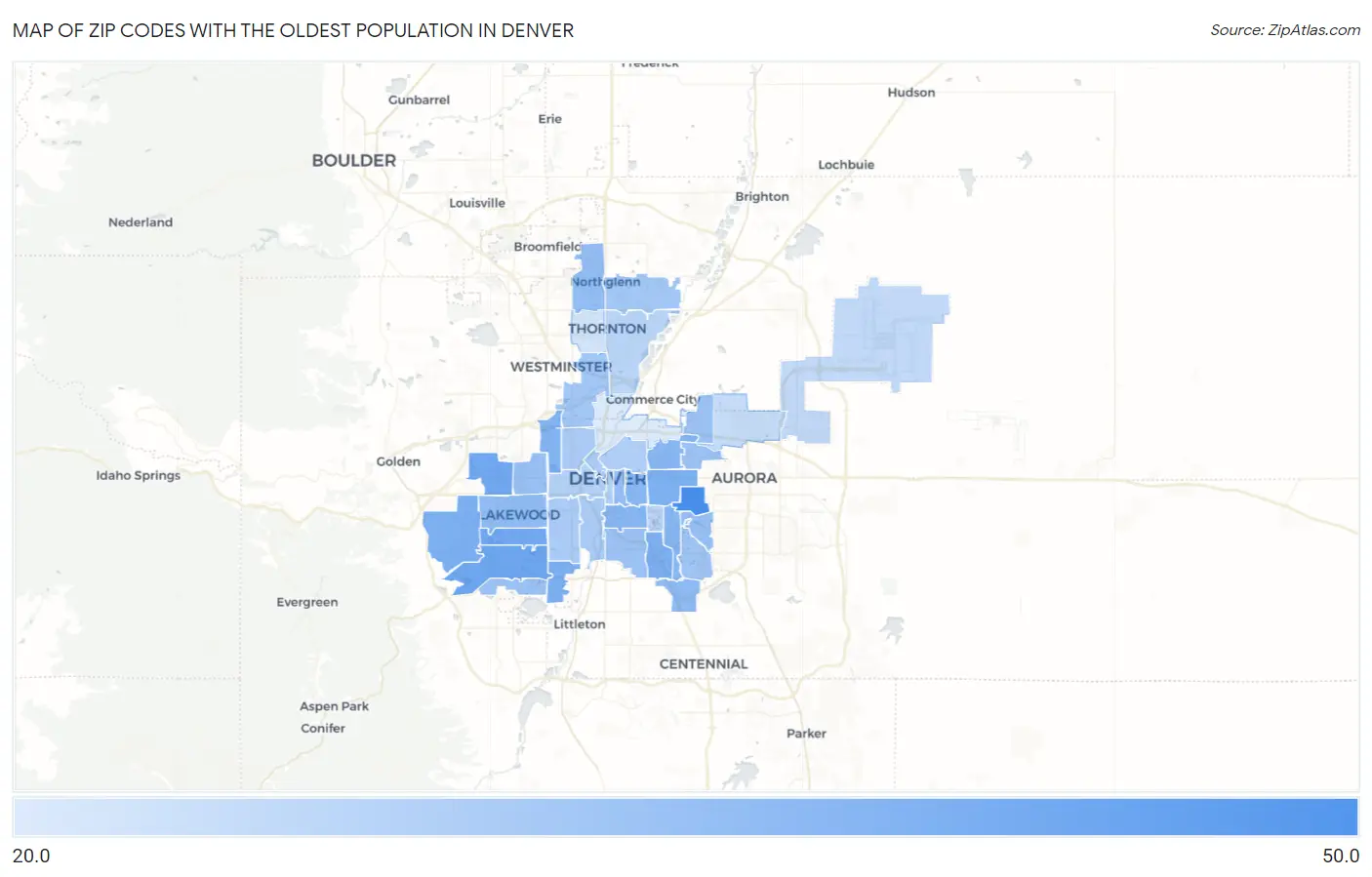 Zip Codes with the Oldest Population in Denver Map