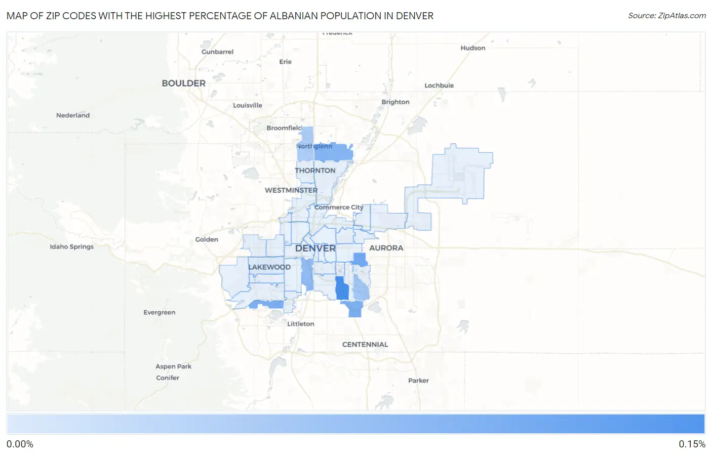 Zip Codes with the Highest Percentage of Albanian Population in Denver Map