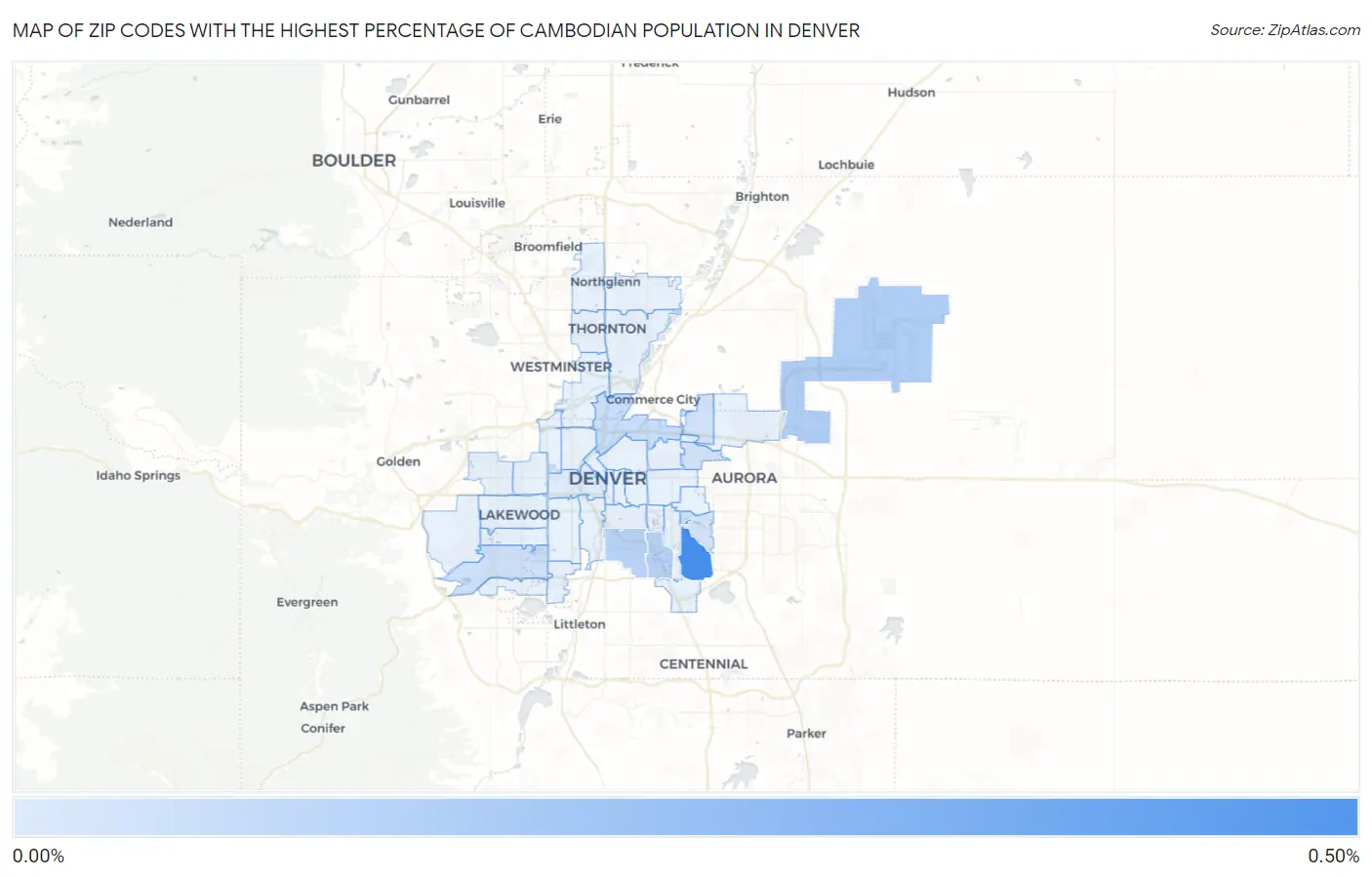 Zip Codes with the Highest Percentage of Cambodian Population in Denver Map