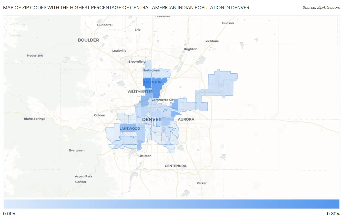 Zip Codes with the Highest Percentage of Central American Indian Population in Denver Map
