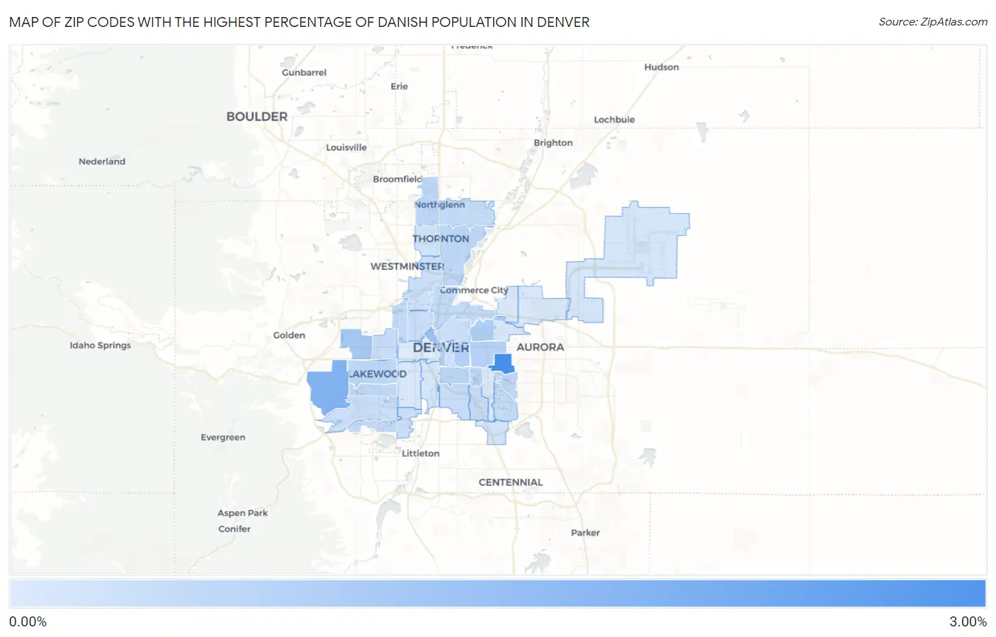 Zip Codes with the Highest Percentage of Danish Population in Denver Map
