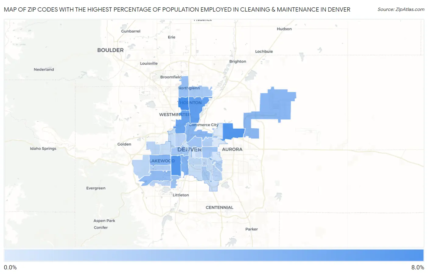 Zip Codes with the Highest Percentage of Population Employed in Cleaning & Maintenance in Denver Map