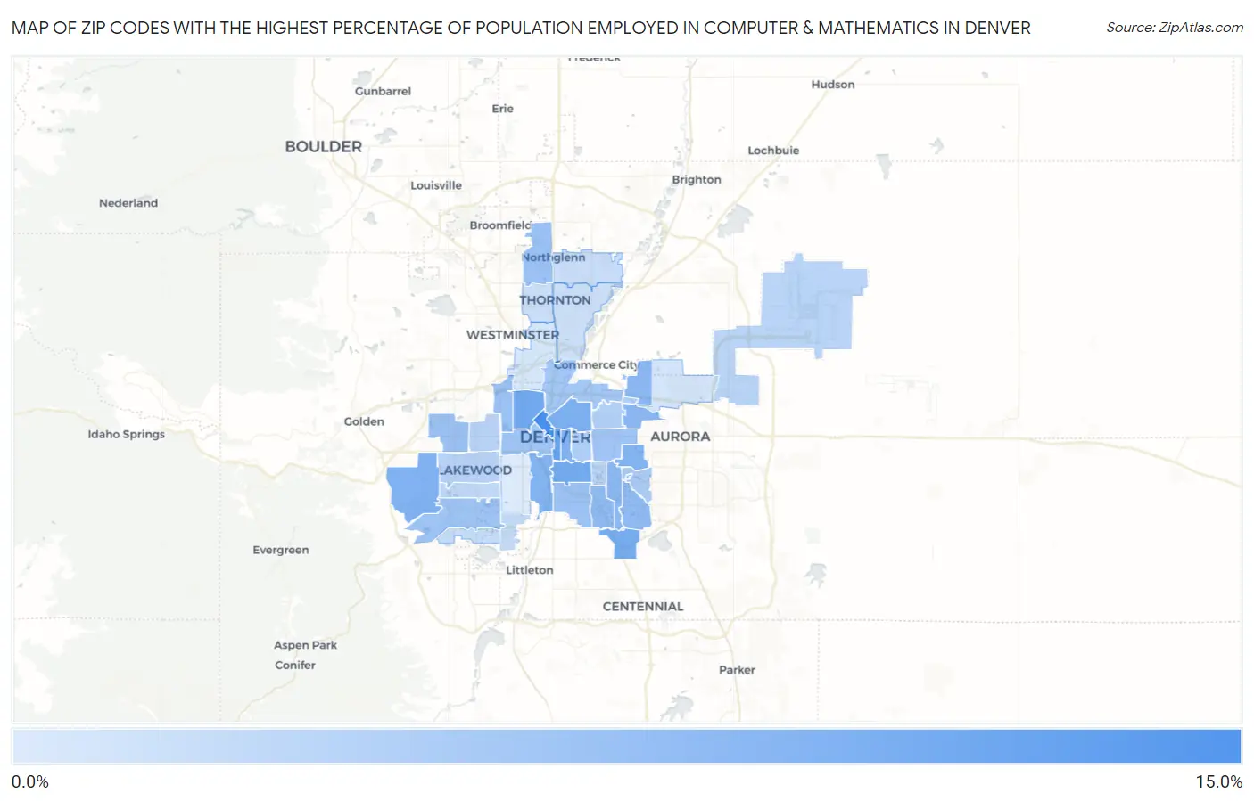 Zip Codes with the Highest Percentage of Population Employed in Computer & Mathematics in Denver Map