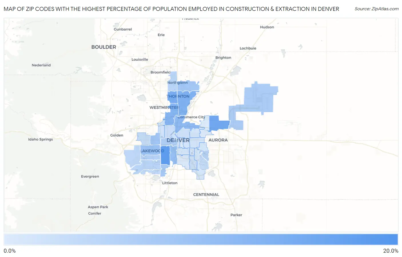 Zip Codes with the Highest Percentage of Population Employed in Construction & Extraction in Denver Map