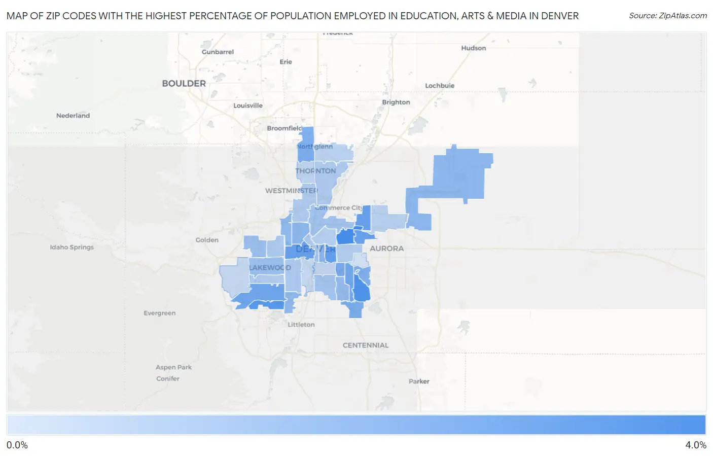 Zip Codes with the Highest Percentage of Population Employed in Education, Arts & Media in Denver Map