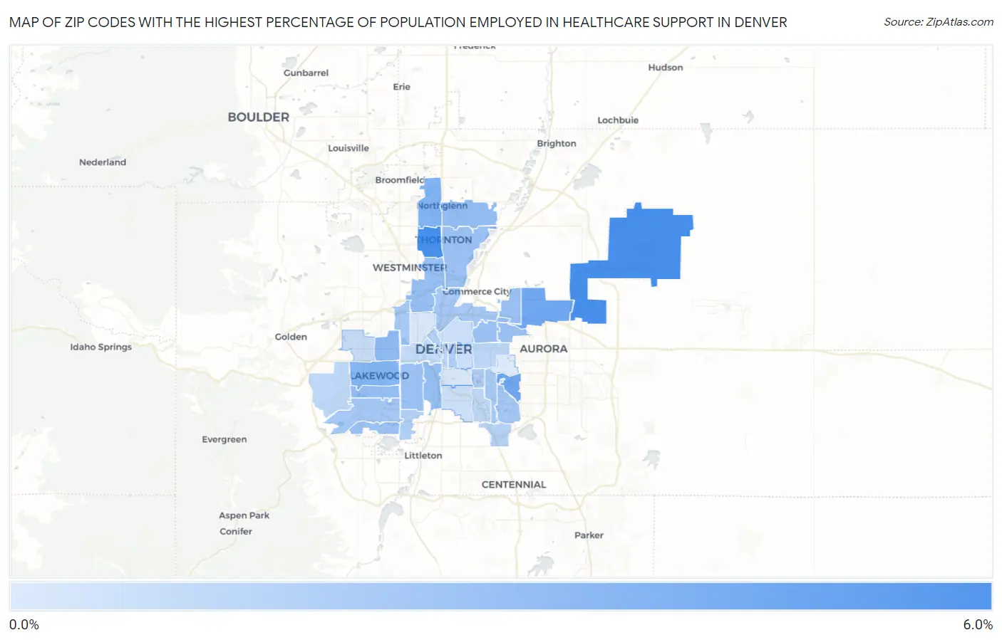 Zip Codes with the Highest Percentage of Population Employed in Healthcare Support in Denver Map