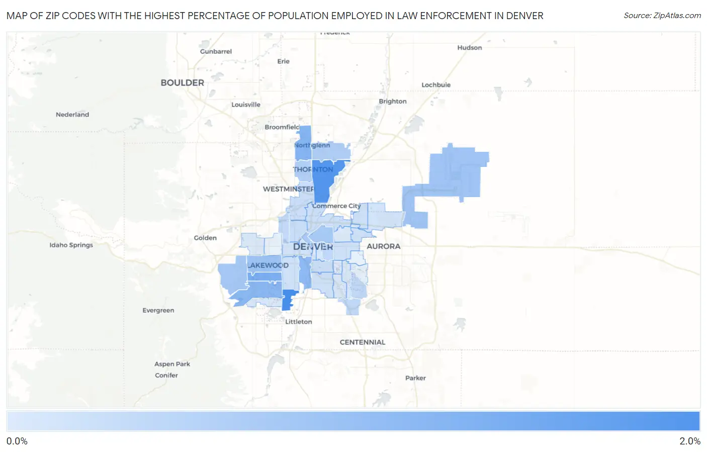 Zip Codes with the Highest Percentage of Population Employed in Law Enforcement in Denver Map