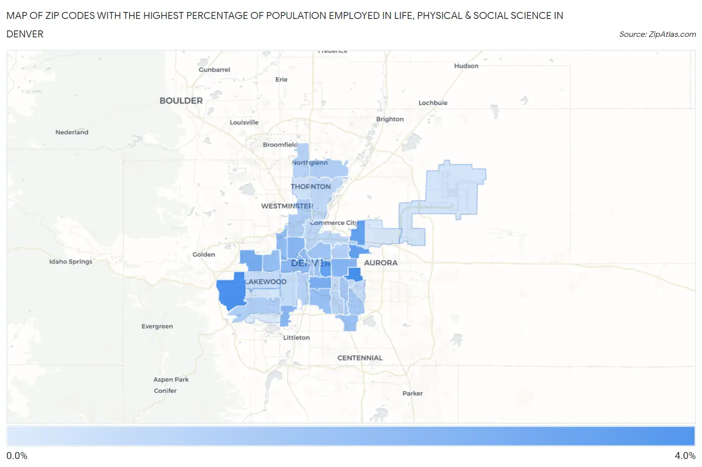 Zip Codes with the Highest Percentage of Population Employed in Life, Physical & Social Science in Denver Map