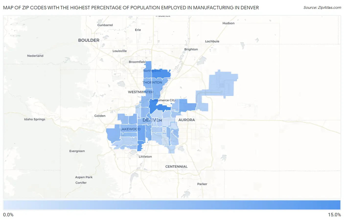 Zip Codes with the Highest Percentage of Population Employed in Manufacturing in Denver Map