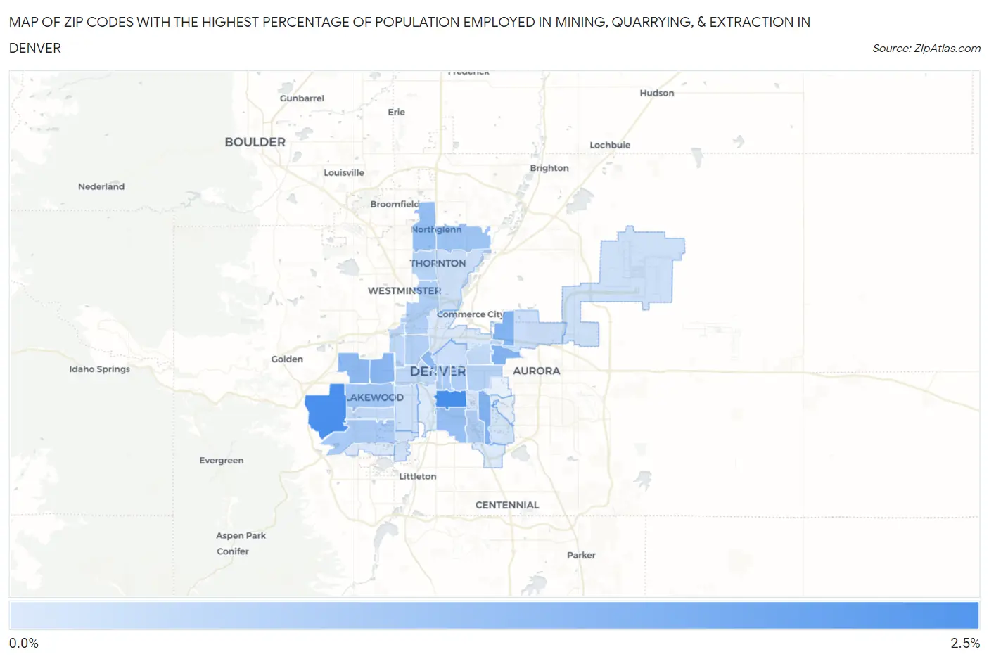 Zip Codes with the Highest Percentage of Population Employed in Mining, Quarrying, & Extraction in Denver Map