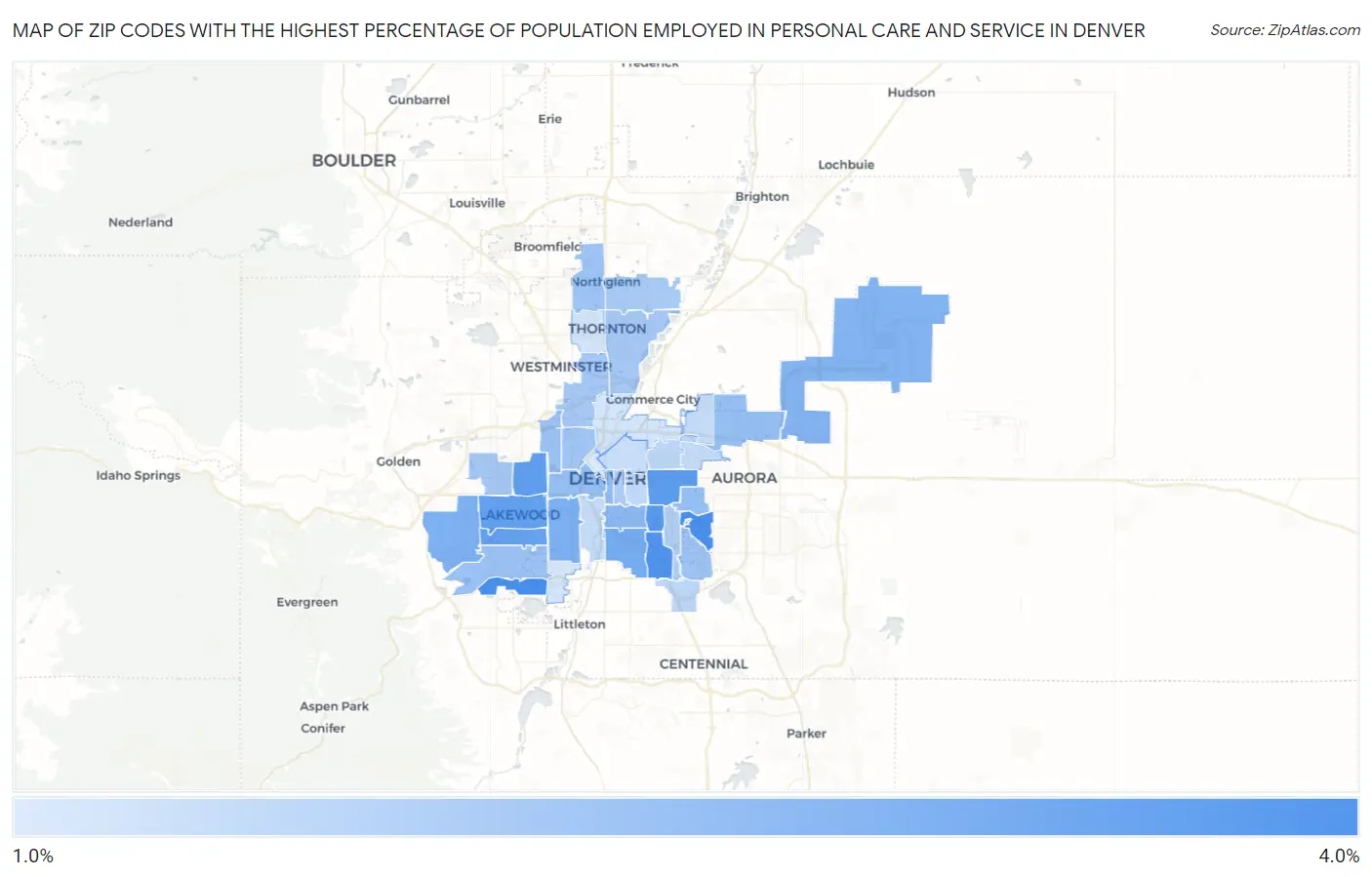 Zip Codes with the Highest Percentage of Population Employed in Personal Care and Service in Denver Map