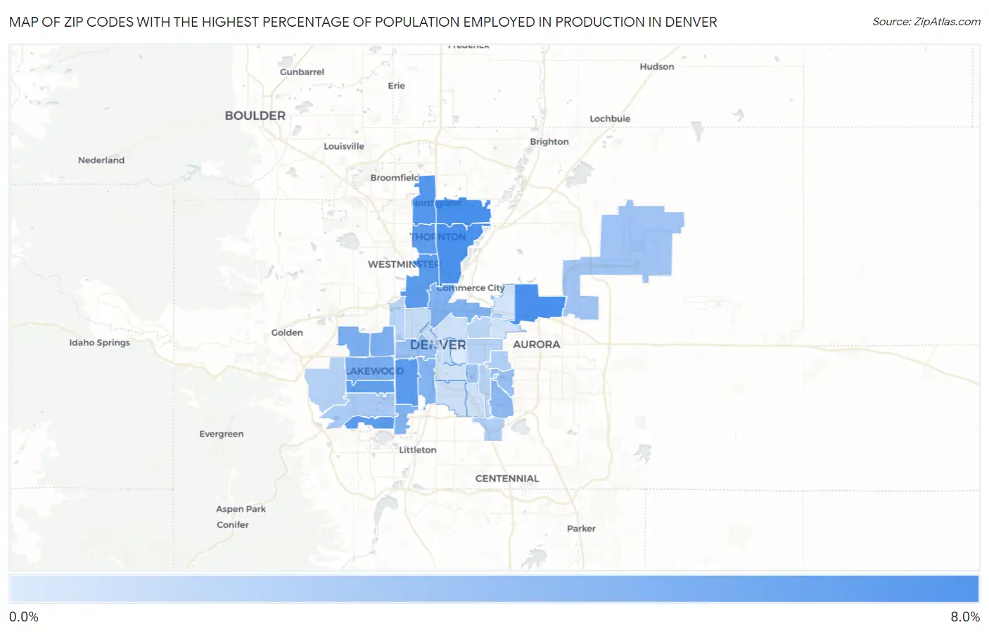 Zip Codes with the Highest Percentage of Population Employed in Production in Denver Map
