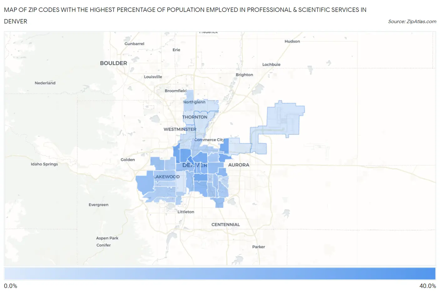 Zip Codes with the Highest Percentage of Population Employed in Professional & Scientific Services in Denver Map