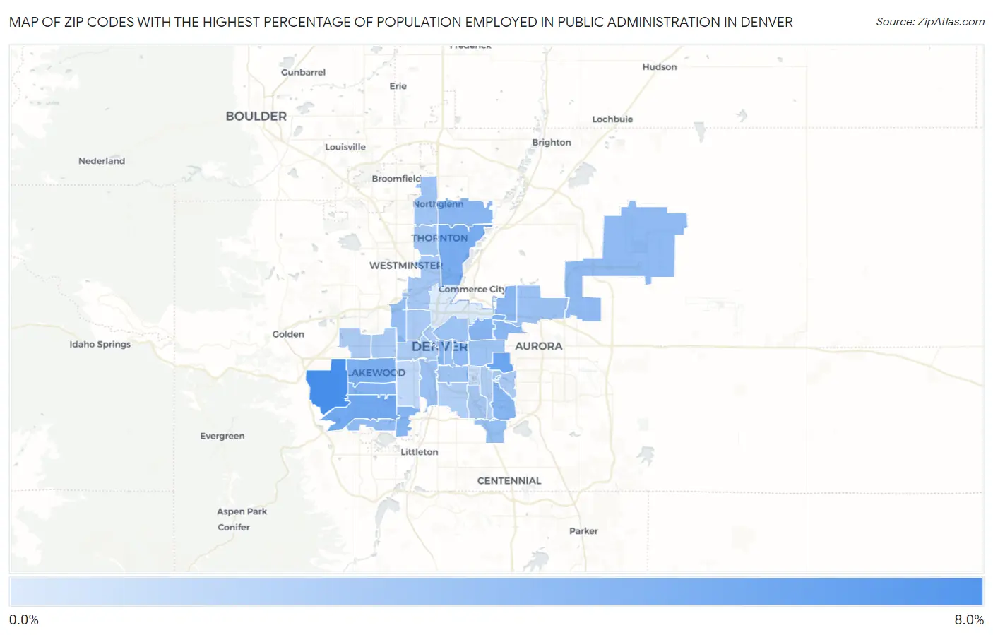 Zip Codes with the Highest Percentage of Population Employed in Public Administration in Denver Map