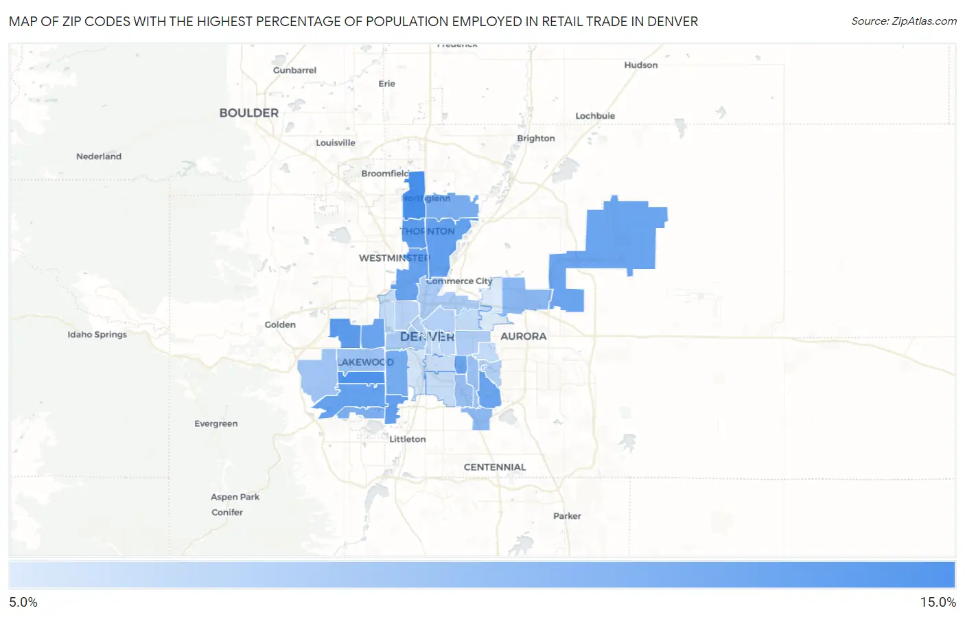 Zip Codes with the Highest Percentage of Population Employed in Retail Trade in Denver Map