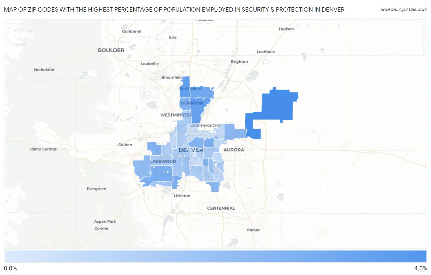 Zip Codes with the Highest Percentage of Population Employed in Security & Protection in Denver Map