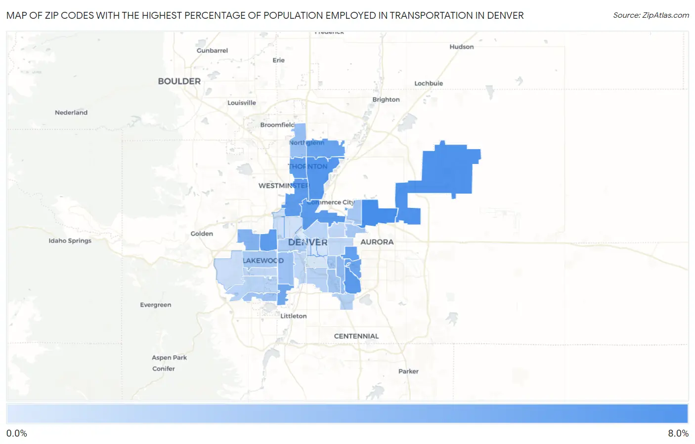 Zip Codes with the Highest Percentage of Population Employed in Transportation in Denver Map
