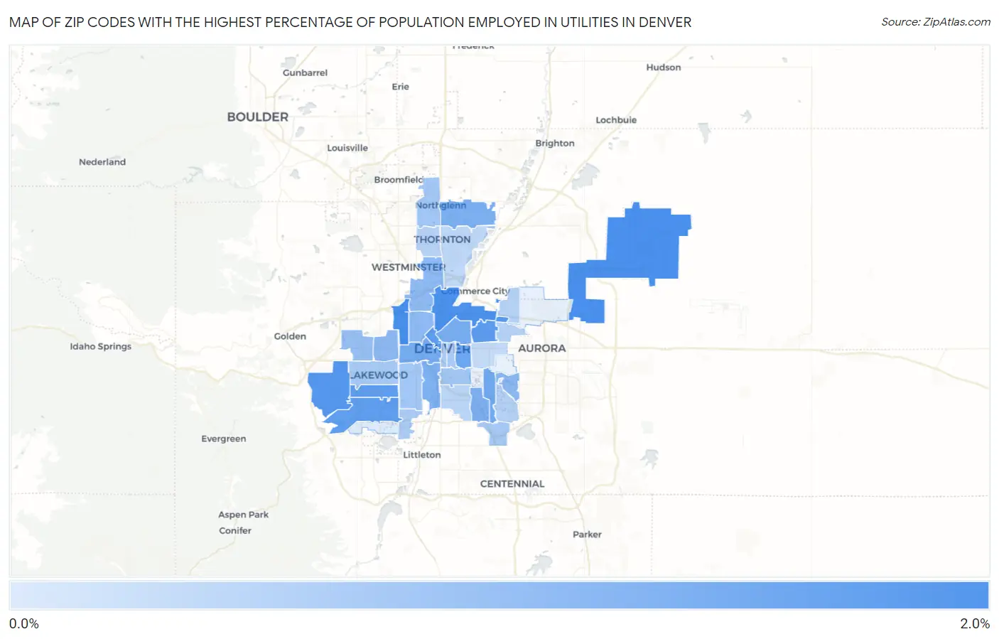 Zip Codes with the Highest Percentage of Population Employed in Utilities in Denver Map
