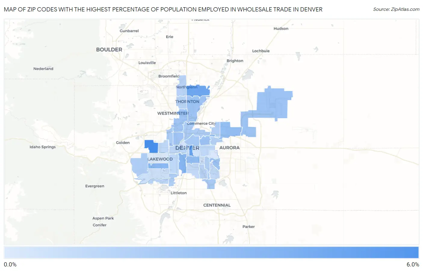 Zip Codes with the Highest Percentage of Population Employed in Wholesale Trade in Denver Map