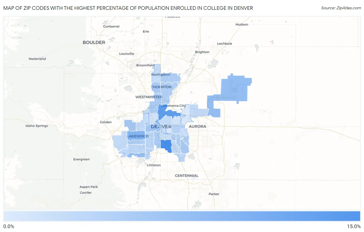 Zip Codes with the Highest Percentage of Population Enrolled in College in Denver Map
