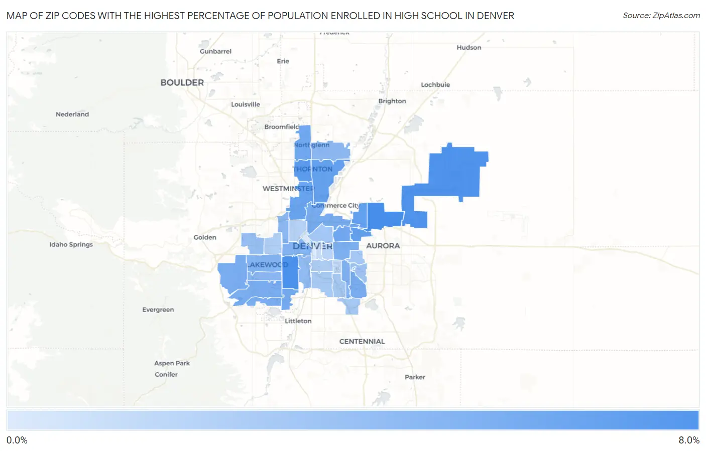 Zip Codes with the Highest Percentage of Population Enrolled in High School in Denver Map