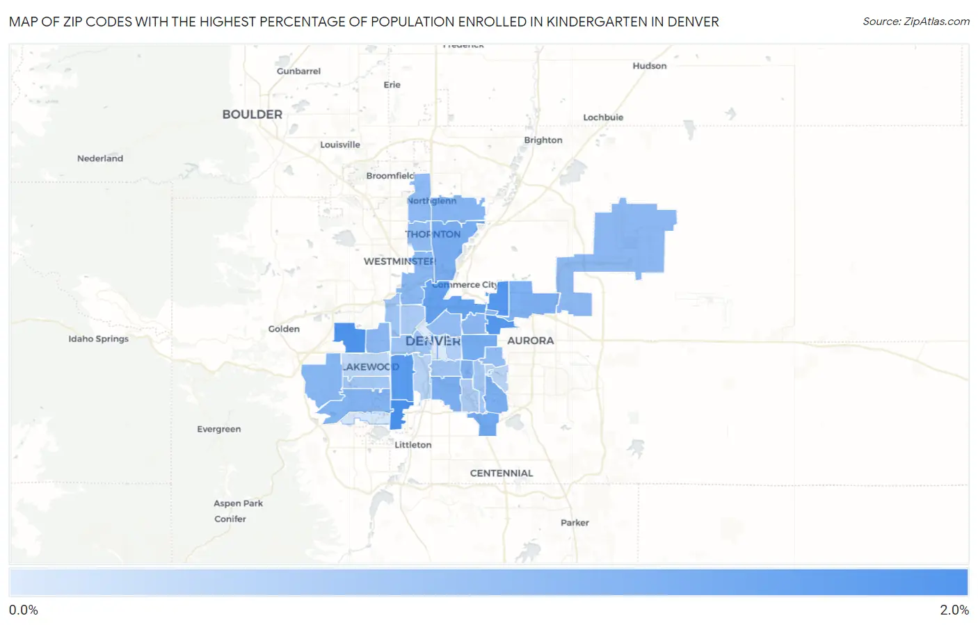 Zip Codes with the Highest Percentage of Population Enrolled in Kindergarten in Denver Map