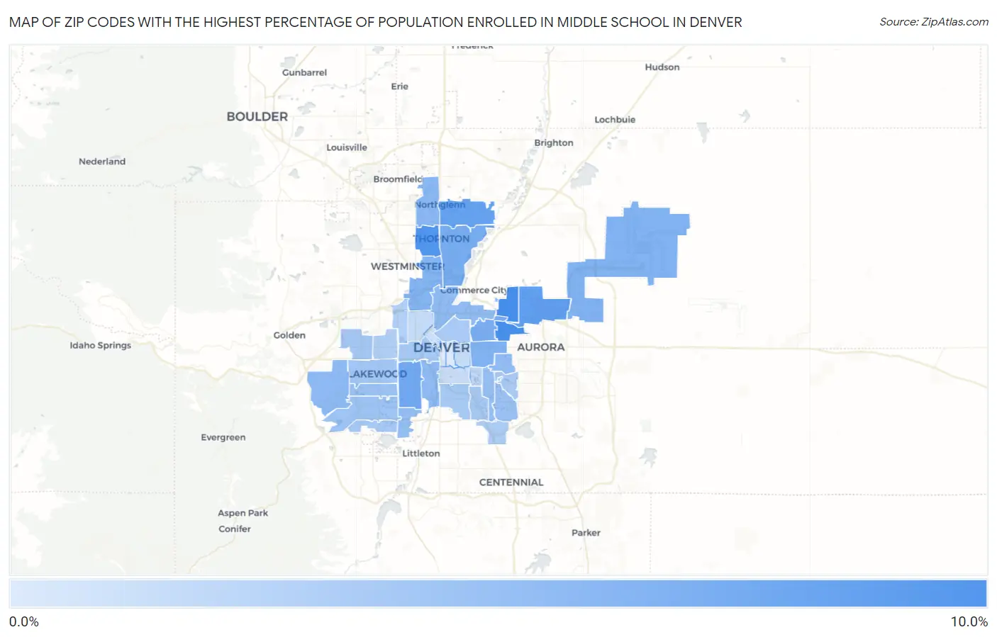 Zip Codes with the Highest Percentage of Population Enrolled in Middle School in Denver Map