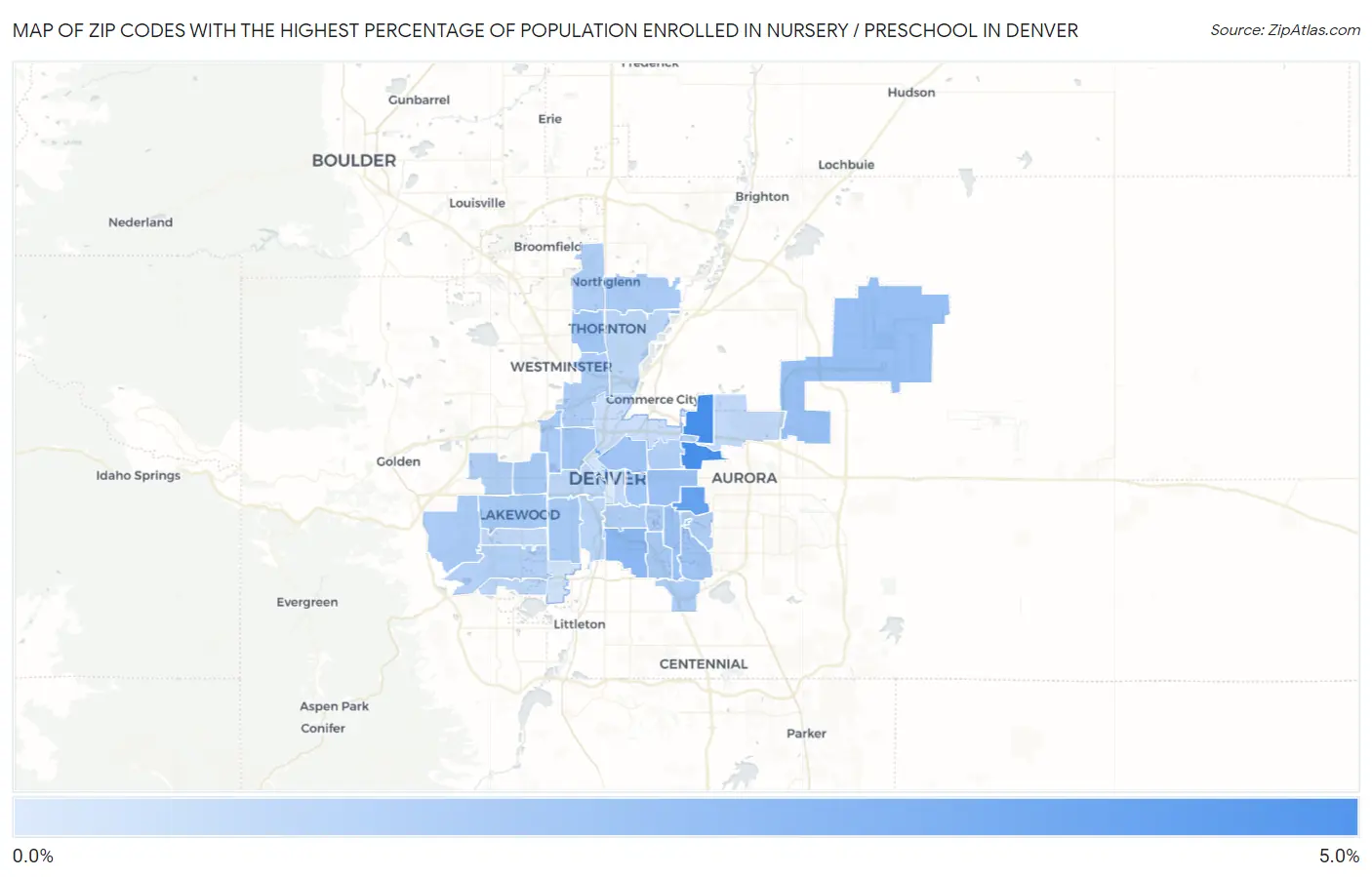 Zip Codes with the Highest Percentage of Population Enrolled in Nursery / Preschool in Denver Map