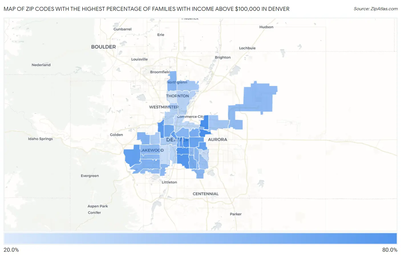 Zip Codes with the Highest Percentage of Families with Income Above $100,000 in Denver Map