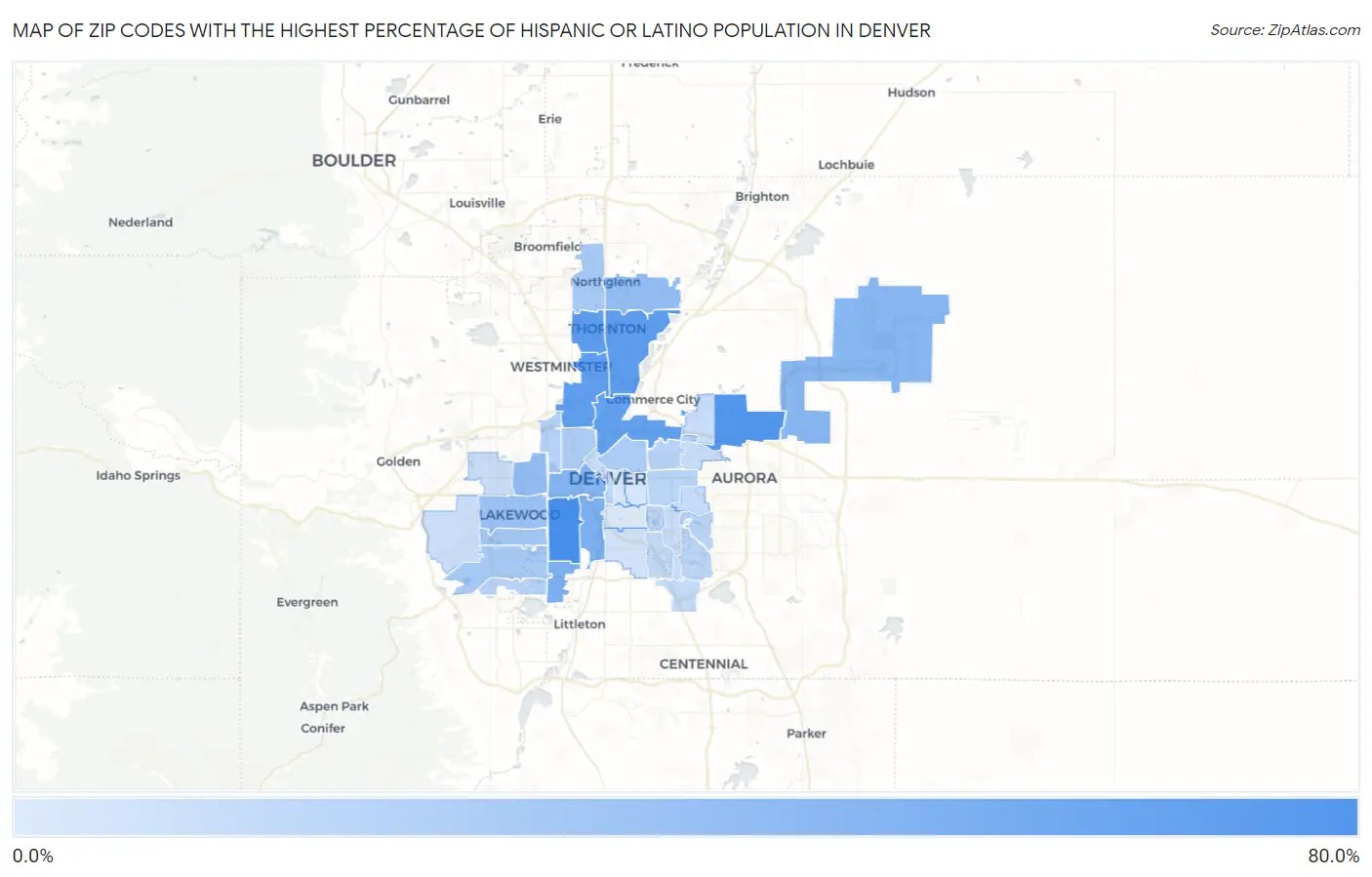 Zip Codes with the Highest Percentage of Hispanic or Latino Population in Denver Map