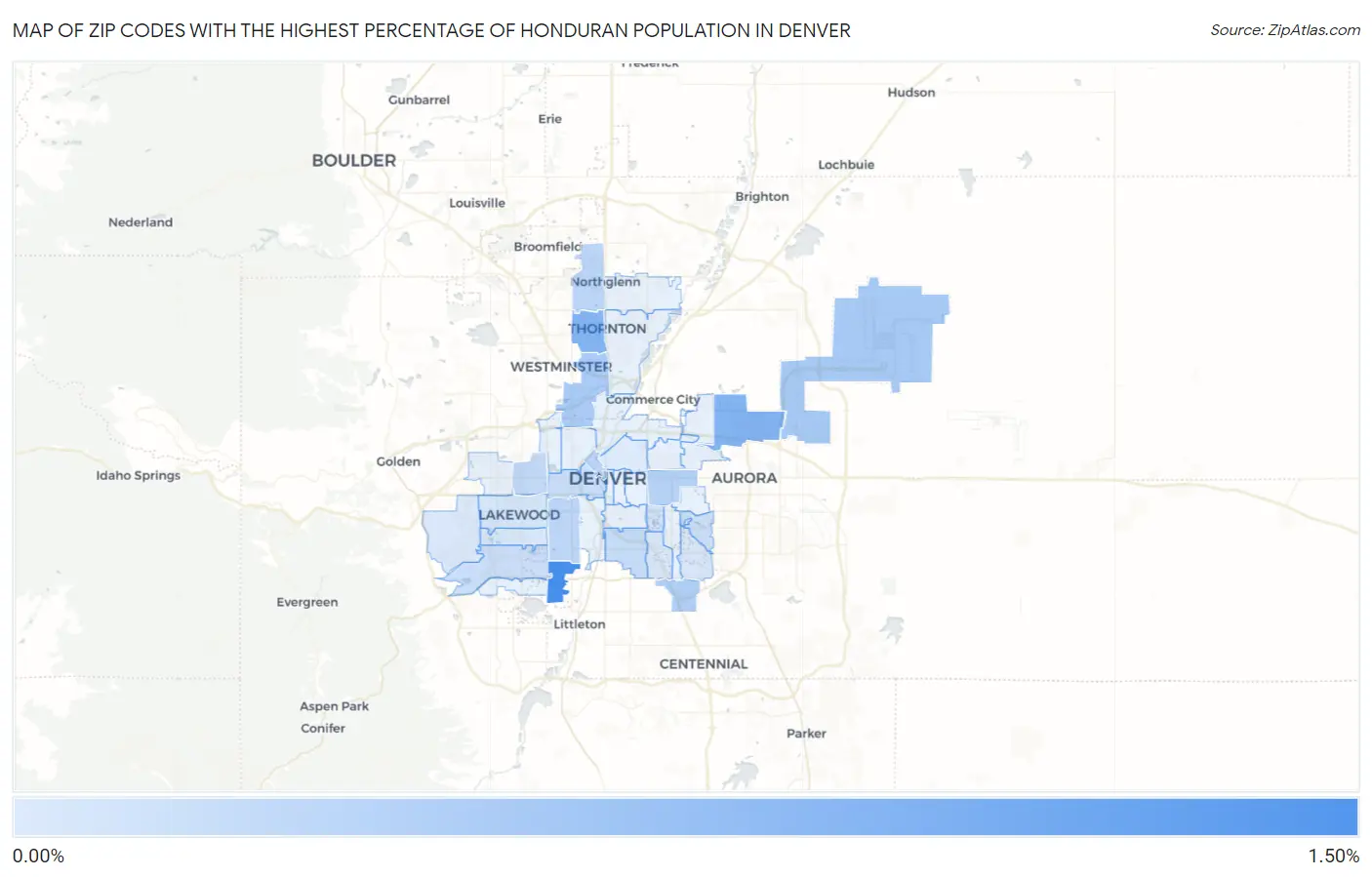 Zip Codes with the Highest Percentage of Honduran Population in Denver Map