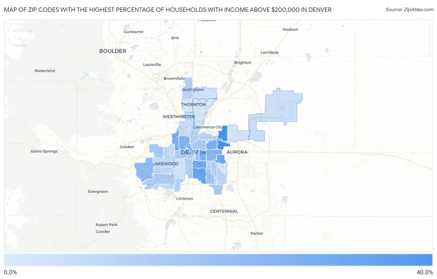Zip Codes with the Highest Percentage of Households with Income Above $200,000 in Denver Map