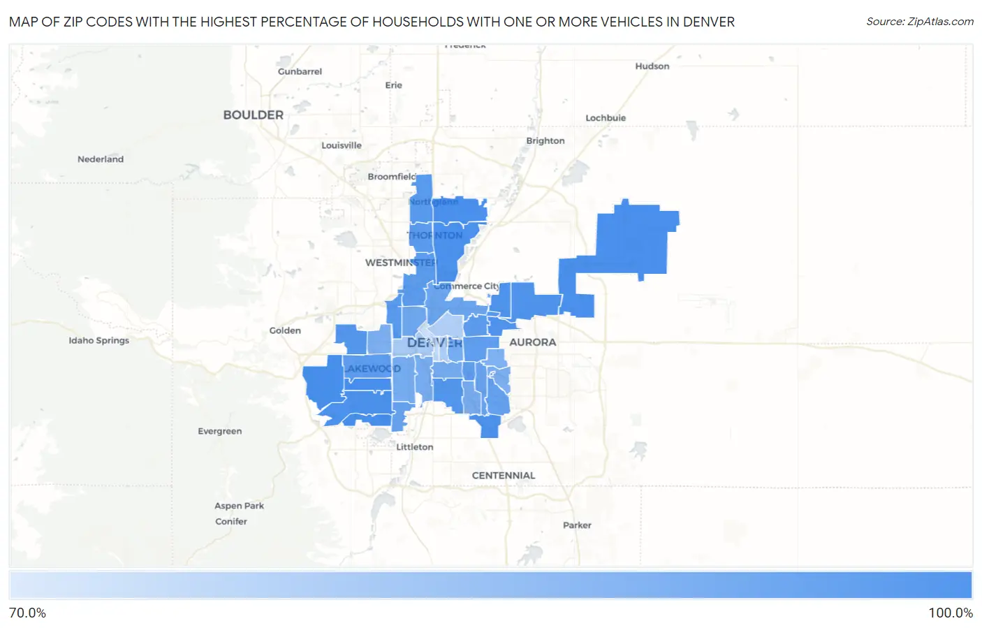 Zip Codes with the Highest Percentage of Households With One or more Vehicles in Denver Map