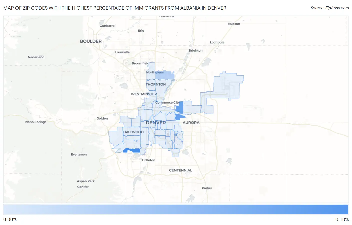 Zip Codes with the Highest Percentage of Immigrants from Albania in Denver Map
