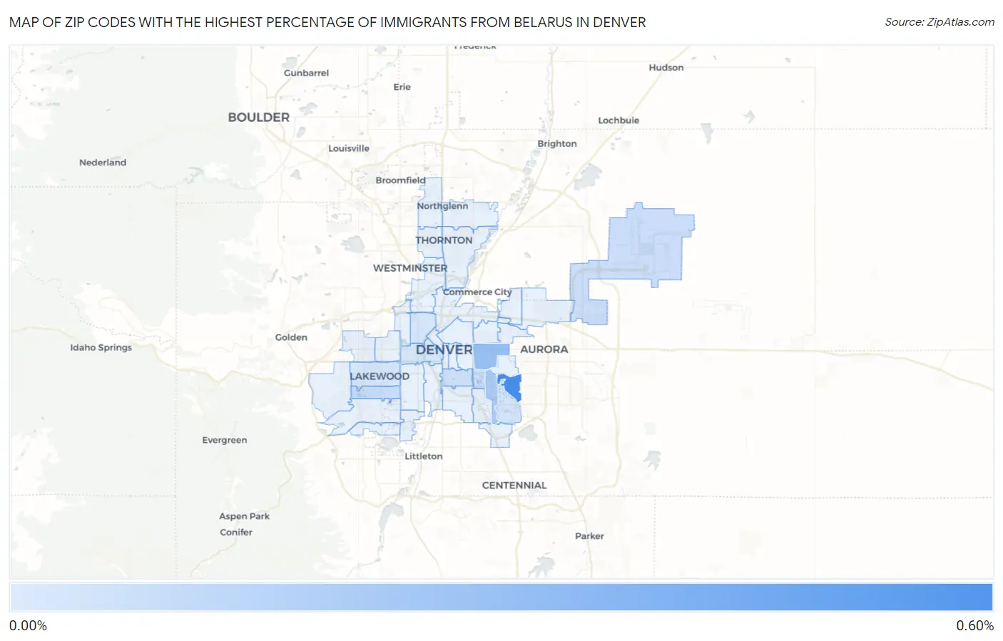 Zip Codes with the Highest Percentage of Immigrants from Belarus in Denver Map