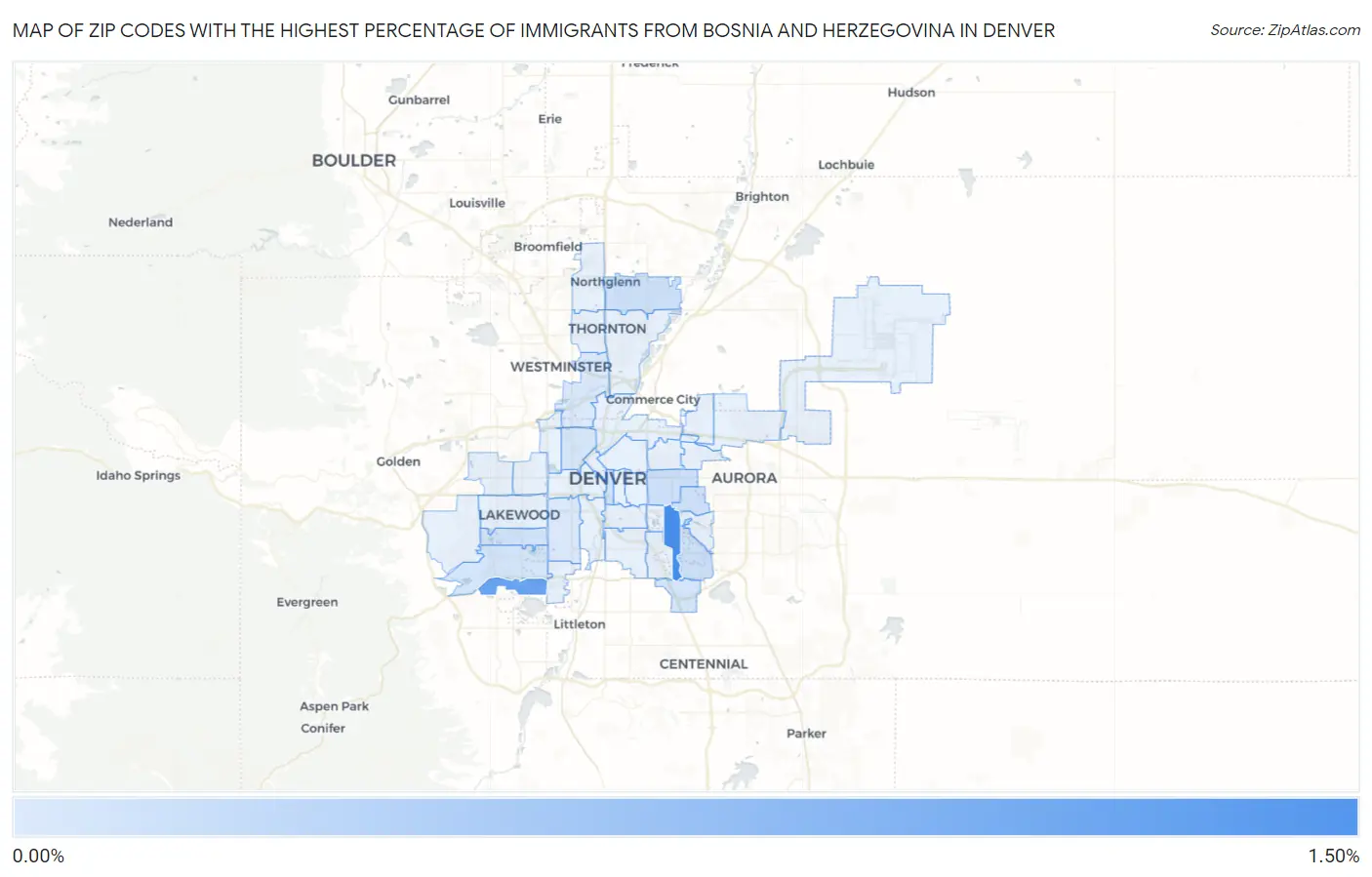 Zip Codes with the Highest Percentage of Immigrants from Bosnia and Herzegovina in Denver Map