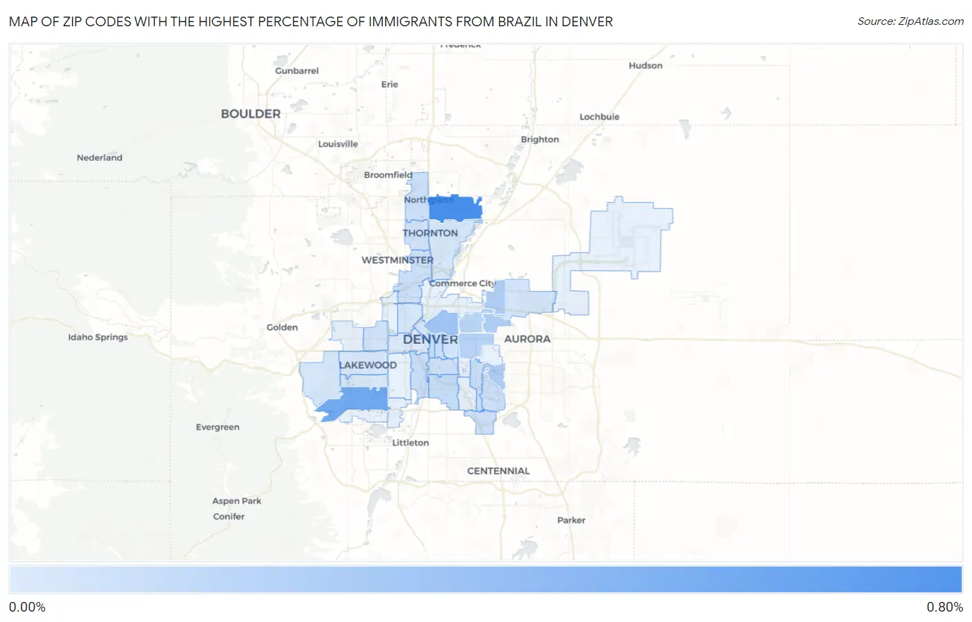 Zip Codes with the Highest Percentage of Immigrants from Brazil in Denver Map