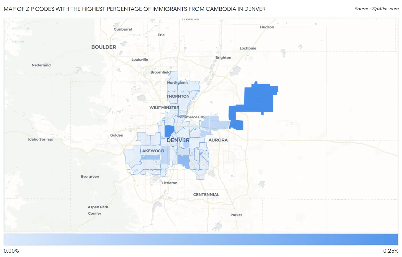 Zip Codes with the Highest Percentage of Immigrants from Cambodia in Denver Map